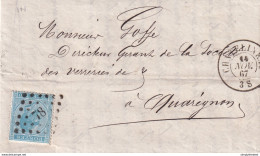 DDW836 - Lettre TP 18 Losange De Points 78 (Superbe) CHATELINEAU 1867 Vers QUAREGNON Via JEMAPPES - 1865-1866 Profil Gauche