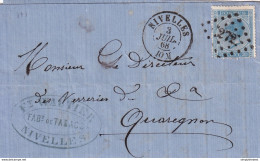 DDW839 - Lettre TP 18 Losange De Points 272 NIVELLES 1868 à QUAREGNON - TB Entete Wautier,Tabac,Verres à Vitre,Merceries - 1865-1866 Profil Gauche