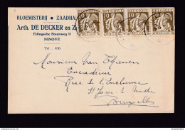 DDZ 188 -- Carte Privée TP Cérès 337 En MULTIPLE De 4 NINOVE 1936  - Entete Bloemisterij Zaadhandel De Decker NINOVE - 1932 Ceres Und Mercure