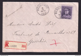 DDY 890 -- Courrier RECOMMANDE - Enveloppe TP Képi BEAUMONT 1937 Vers GOSSELIES - Origine THIRIMONT - 1931-1934 Quepis