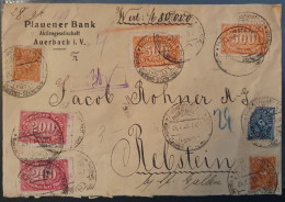 1923. Wertbrief 80.000 DM, Plauener Bank Auerbach I. V. Wachssiegel, Rebstein St. Gallen, Reichsfinanzverwaltung - Enveloppes