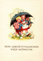 G7362 - Mariane Drechsel Glückwunschkarte Geburtstag - Kinder Regenschirm - Verlag Lederbogen Chemnitz DDR Grafik - Anniversaire