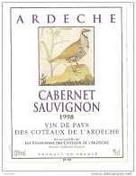 Etiquette Cabernet Sauvignon 1998 Coteaux De L'Ardèche - Illustration Perdrix - Décollée - - Vino Bianco