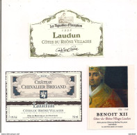 3 Etiquettes Côtes Du Rhône Villages Laudun - Les Vignobles D'exception 1998, Chevalier Brigand 2000, Benoit XII - - Côtes Du Rhône