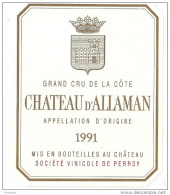 Etiquette Vin De Suisse  Canton De Vaud  Grand Cru De La Côte Château D'Allaman 1991 - - Colecciones & Series