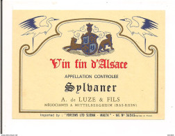 Etiquette  Sylvaner  - Vin Fin D'Alsace  - A.de Luze & Fils à Mittelbergheim  - Pour Importation à Malte - Cigognes - - Vino Blanco