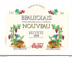 Etiquette  Beaujolais Nouveau  - Récolte 1998 -  Gabriel Aligne à  Beaulieu - - Beaujolais