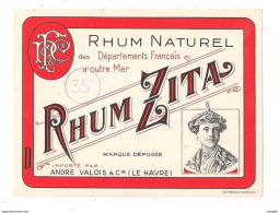 Etiquette  Rhum  Naturel Zita - 35° - André Valois, Le Havre - Imp. Wetterwald - - Rum