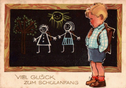 G7404 - Glückwunschkarte Schulanfang - Schultafel Kinder - Planet Verlag DDR Grafik - Primo Giorno Di Scuola