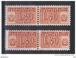 REPUBBLICA:  1953  PACCHI  IN  CONCESSIONE  RUOTA  -  £. 40  ARANCIO  BRUNO  N. -  RIPETUTO  2  VOLTE  -  SASS. 1 - Consigned Parcels