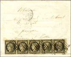 Grille / N° 3 Bande De 5 Belles Marges Petit Bdf Càd PARIS (60) Sur Lettre Avec Texte Pour Fougères. 1849. - TB / SUP. - - 1849-1850 Cérès