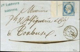 PC 2227 / N° 14 Bleu Laiteux, Bdf Intégral Avec Filet D'encadrement Interrompu Càd T 15 NARBONNE (10) Sur Lettre Avec Te - 1853-1860 Napoleon III