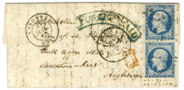 PC 1203 / N° 14 Paire Càd T 15 ESSONNES (72) Sur Lettre Pour L'Angleterre. Au Recto, Griffe Bleue FOREIGN PAID Et Càd Am - 1853-1860 Napoléon III