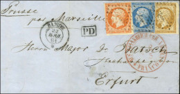 Ancre / N° 13 + N° 14 + N° 16 (filet Effleuré) Càd DANUBE / * 22 AVRIL 61 Sur Lettre Pour Erfurt. Exceptionnelle Combina - 1853-1860 Napoléon III.