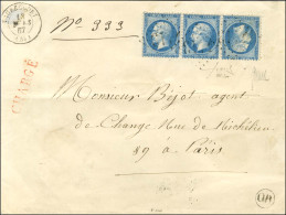 GC 4113 / N° 22 Bande De 3 Avec Tête-bêche Càd T 15 VAUBECOURT (53) Sur Lettre Chargée Pour Paris. 1867. Exceptionnel Us - 1862 Napoléon III.