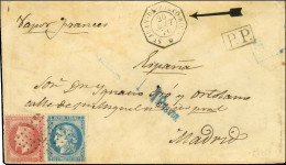 Ancre / N° 32 + N° 46 Càd Octo ST JEAN-DE-PORTO-RICO / * 20 AOUT 71 Sur Lettre Pour Madrid. Au Recto, Griffe Bleue 1 PES - 1870 Ausgabe Bordeaux