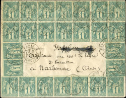 Càd PARIS / MONTMARTRE / N° 61 (bloc De 14 + 11ex) Sur Enveloppe Sans Texte Pour Narbonne. 1877. Extraordinaire Affranch - 1876-1878 Sage (Type I)