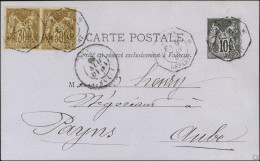 Càd Octo De Lev Ex PARIS DEPART E3 / Entier 10c. + N° 69 Paire Pour Payns (Aube). Seule Carte Connue Avec Levée Du 3ème  - 1876-1878 Sage (Typ I)