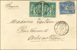 Càd LISBONNE / PAQ.FR. J N° 4 25 NOV. 78 / N° 75 Paire + N° 90 Sur Lettre Pour Arles. Première Pièce Vue. - SUP. - RR. - 1876-1878 Sage (Type I)