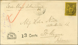Càd PARIS / R. DU CHERCHE MIDI / N° 93 Sur Lettre 2 Ports Pour Fort Wayne (Indiana) Insuffisamment Affranchie. Au Recto, - 1876-1878 Sage (Type I)