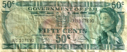 FIJI 50 CENTS BLUE NAME OF COUNTRY QEII HEAD FRONT & NATIVE HUT BACK ND(1968)P.58a SIG. RITCHIE-BARNES READ DESCRIPTION - Fiji