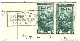 AFFRANCATURA ITALIA LAVORO AMF-FTT £.10 X 2 - CON TMBRO TRIESTE  E TARGHETTA  VISITATE LA FIERA DI TRIESTE  1954. - Marcophilie