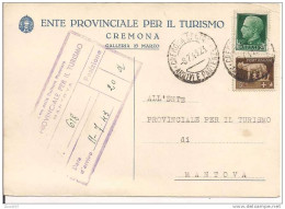 ENTE PROVINCIALE PER IL TURISMO - CREMONA - CARTOLINA VIAGGIATA  1943 - - Cremona