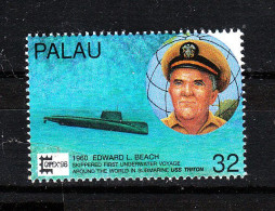 Palau - 1996. E. Beach E Sottomarino Atomico Giro Del Mondo. Skippered Underwater Around The Wuorld In Submarine. MNH - Submarinos