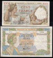 FRANCE - Lot De 2 Billets Français - 100 F SULLY 18/4/1940 - F26/27 - TTB --- 500 F La Paix - 6/2/1941 - F32/14 - TTB - 500 F 1940-1944 ''La Paix''