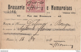 Reçu De La S.A. Brasserie Et Malterie Namuroises Rue Des Brasseurs 43-45 Namur Datée Du 13 Octobre 1920 - Straßenhandel Und Kleingewerbe