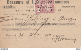 Reçu De La S.A. Brasserie Et Malterie Namuroises Rue Des Brasseurs 43-45 Namur Datée Du 31 Décembre 1920 - Artigianato