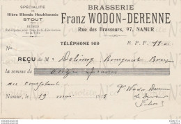 Reçu De La Brasserie Franz Wodon-Derenne Rue Des Brasseurs 97 Namur Datée Du 19 Mai 1915 - Straßenhandel Und Kleingewerbe