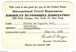 American Automobile Association - New-York - 1956  -  Pierre De Lagarde Boal - Member Card - Verenigde Staten