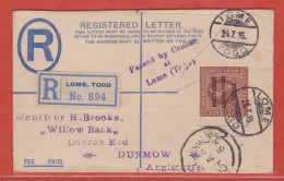 TOGO ENTIER POSTAL RECOMMANDE CENSURE DE 1916 DE LOME POUR DUNMOW ANGLETERRE - Covers & Documents