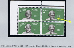 Ireland 1969 Gandhi 6d Variety "Retouch Over Shoulder" Of Row 1/2 In A Corner Block Of 4 Mint Unmounted - Ungebraucht