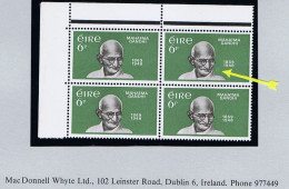 Ireland 1969 Gandhi 6d Variety "Retouch Over Shoulder" Of Row 1/2 In A Corner Block Of 4 Mint Unmounted - Nuovi