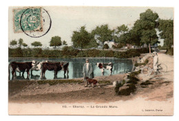 89 CHEROY La Grande Mare N° 10 - Imp Lasseron 1905 - Vaches à L'abreuvoir - Cycliste - Colorisée - Cheroy