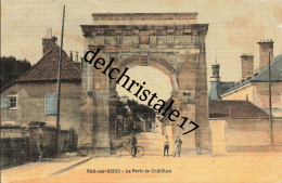 CPA 10 0013 BAR-sur-SEINE - La Porte De Châtillon - Carte Toilée Colorisée Animée Cycliste Enfants - écrite Et Circulée - Bar-sur-Seine