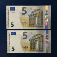 EURO SPAIN 5 V015B1 VC LAGARDE UNC, PAIR CORRELATIVE RADAR2 CAPICUA VERY RARE - 5 Euro