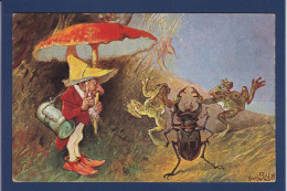 CPA Grenouille Frog Caricature Satirique Circulé Position Humaine Gnome Champignon Schlitt - Poissons Et Crustacés