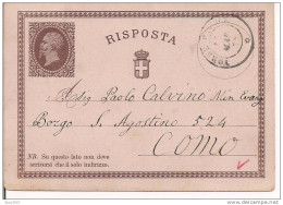 CARTOLINA POSTALE  RISPOSTA - VIAGGIATA 1878 -TORRE  PELICE  /  COMO - TASSA  15 Cent. PAGATA  CON  CP IN PARTENZA, NOTA - Entero Postal