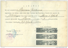 COMUNE DI FRONTONE SERRA,PESARO,  IMPOSTA ENTRATA , VENDITE AL MINUTO, Cent:50 X 3, MARCHE  SU RICEVUTA SUSSIDIO, 1945, - Fiscale Zegels