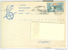 MOSTRA MECCANIZZAZIONE POSTALE  ROMA - EUR, 1956, ANNULLO SPECIALE  FIGURATO  SU CARTOLINA DEDICATA,VIAGGIATA  1956, - Poste