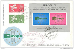 EUROPA 61 - FDC + FOGLIETTO - BUSTA UFFICIALE  1° MOSTRA  FRANCOBOLLO EUROPA - 1961 NAPOLI - - 1961
