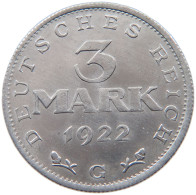 WEIMARER REPUBLIK 3 MARK 1922 G  #MA 098655 - 3 Marcos & 3 Reichsmark