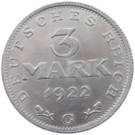 WEIMARER REPUBLIK 3 MARK 1922 G  #MA 098658 - 3 Marcos & 3 Reichsmark