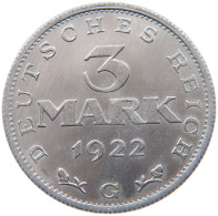 WEIMARER REPUBLIK 3 MARK 1922 G  #MA 098653 - 3 Marcos & 3 Reichsmark
