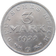 WEIMARER REPUBLIK 3 MARK 1922 G  #MA 098640 - 3 Marcos & 3 Reichsmark