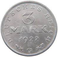 WEIMARER REPUBLIK 3 MARK 1922 G  #MA 098651 - 3 Marcos & 3 Reichsmark