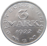 WEIMARER REPUBLIK 3 MARK 1922 G  #MA 098644 - 3 Marcos & 3 Reichsmark